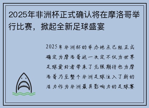 2025年非洲杯正式确认将在摩洛哥举行比赛，掀起全新足球盛宴